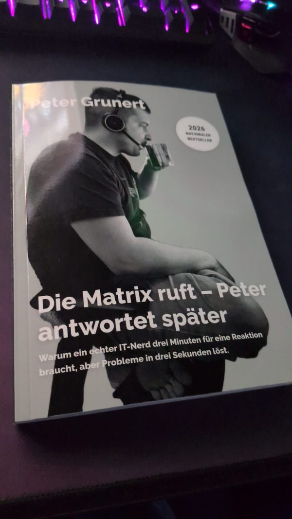 Paperback with a black-and-white photo of Peter Grunert wearing a headset on the cover, title: Die Matrix ruft – Peter antwortet später